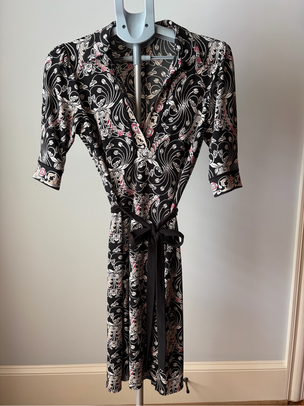 Black Floral Wrap Dress with Pink Accents